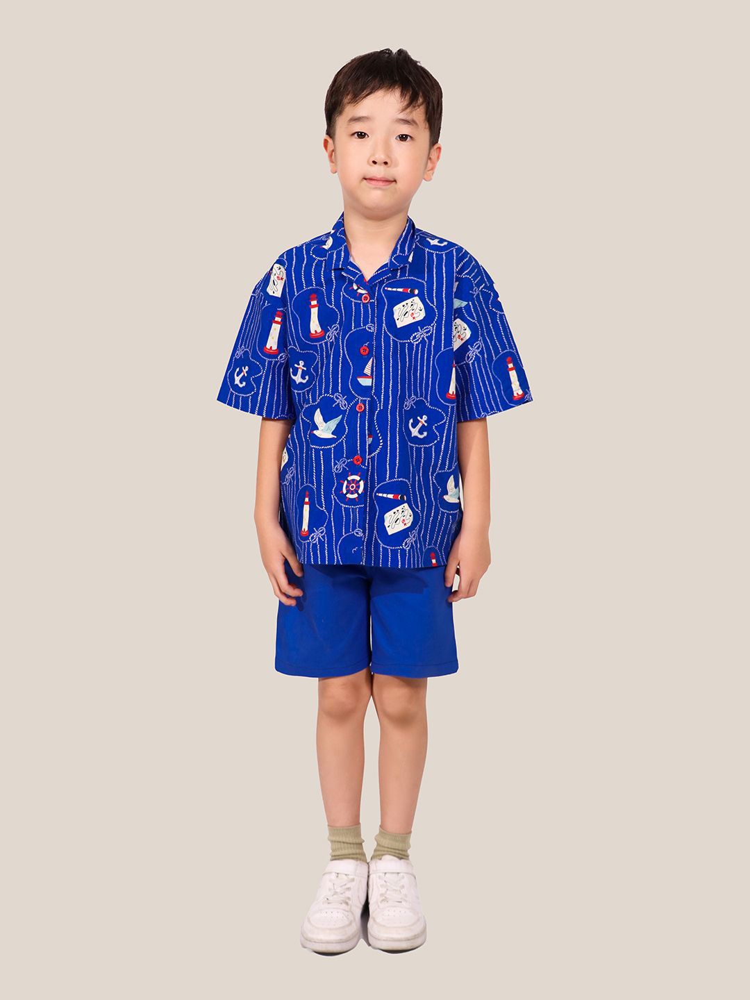 

Whistle & Hops Boys Printed Pure Cotton Shirt With Shorts, Blue
