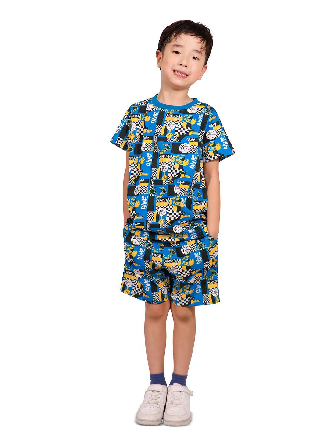 

Whistle & Hops Boys Printed Pure Cotton T-shirt With Shorts, Blue