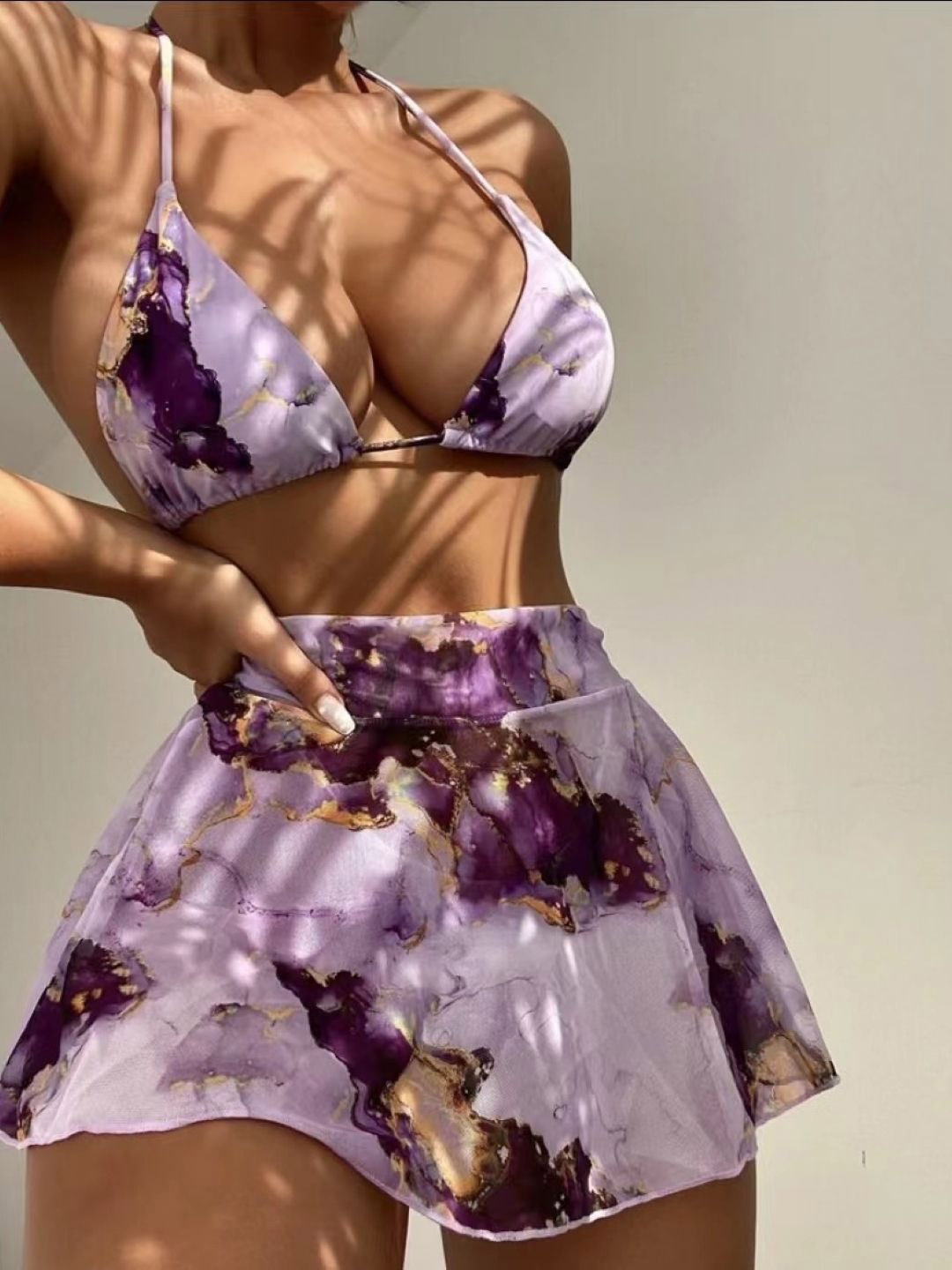 

Stylecast X KPOP Abstract Printed Plunging Neck Swimwear Cover Up Set, Purple