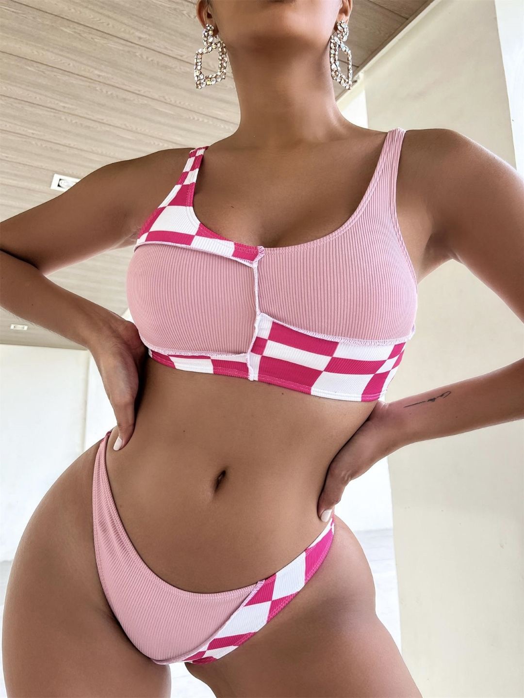 

Stylecast X KPOP Checked Swim Bikini Set, Pink
