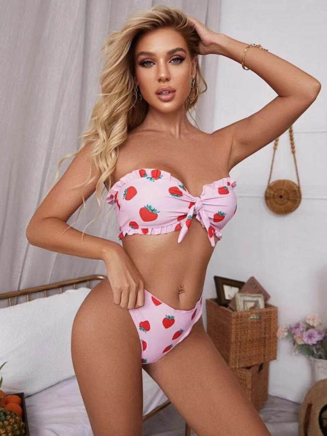 

Stylecast X KPOP Pink ConversationaL Printed Strapless Full Coverage Swimwear Bikini Set