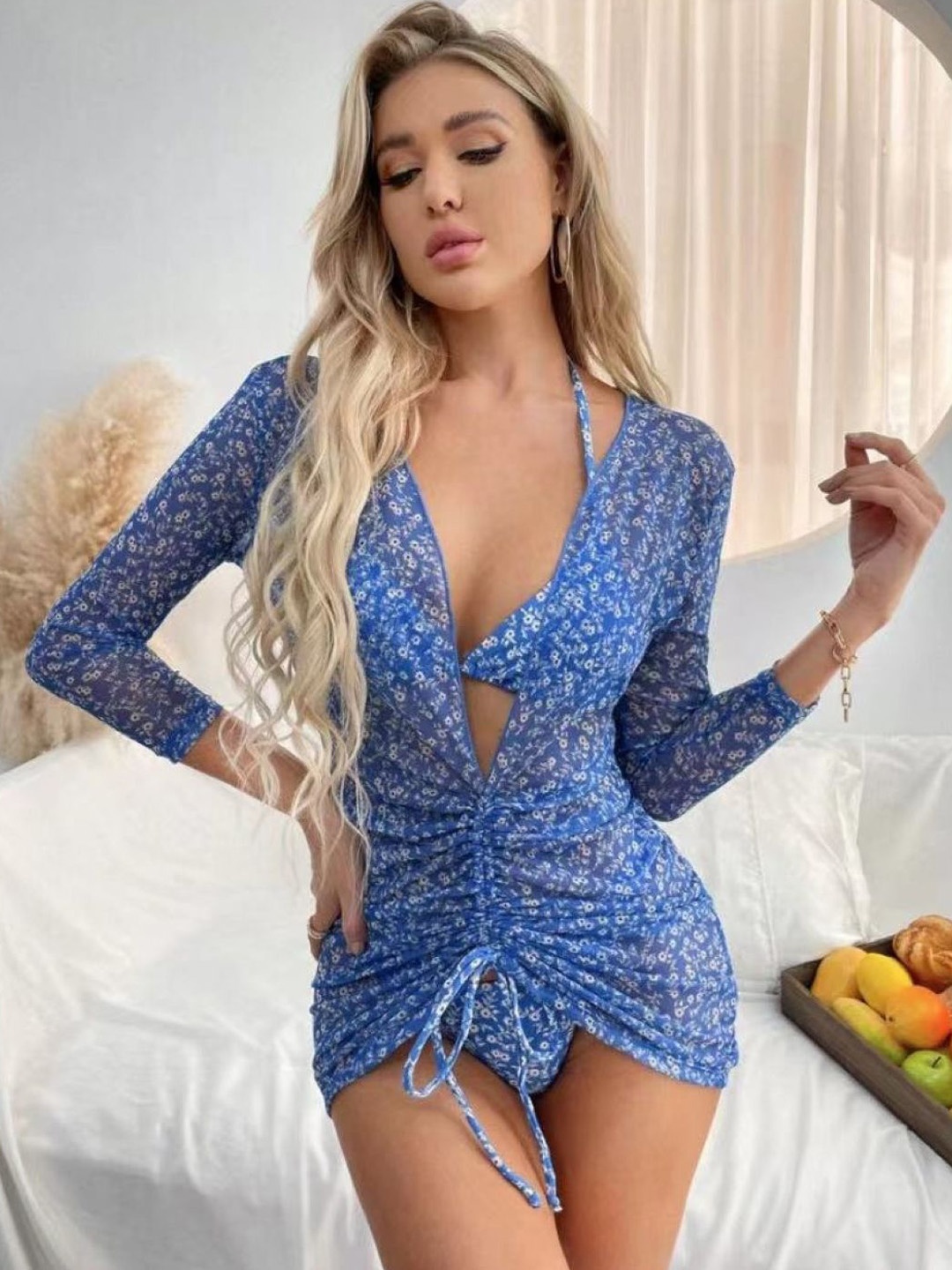 

Stylecast X KPOP Floral Printed Plunging Neck Swimwear Bikini Set, Blue