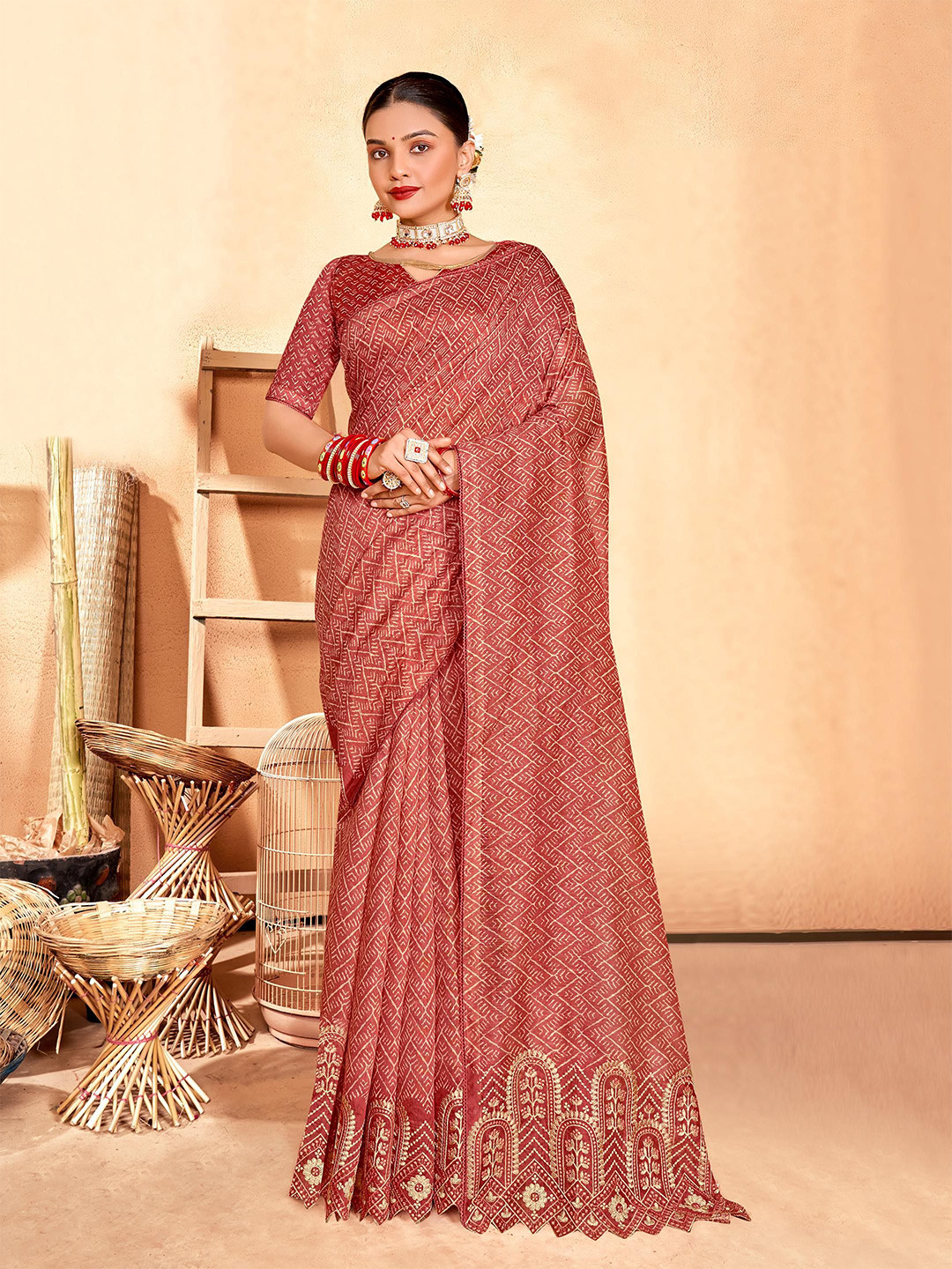 

ALAGINI Embroidered Silk Cotton Chanderi Saree, Magenta