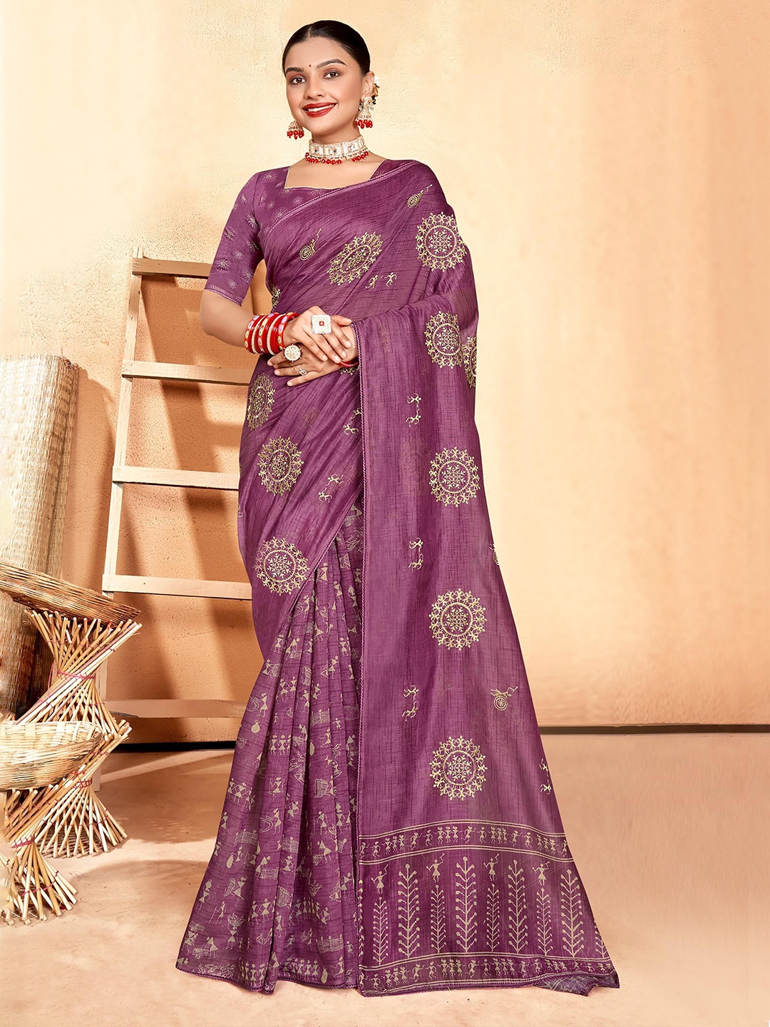 

ALAGINI Ethnic Motifs Embroidered Heavy Work Chanderi Saree, Purple