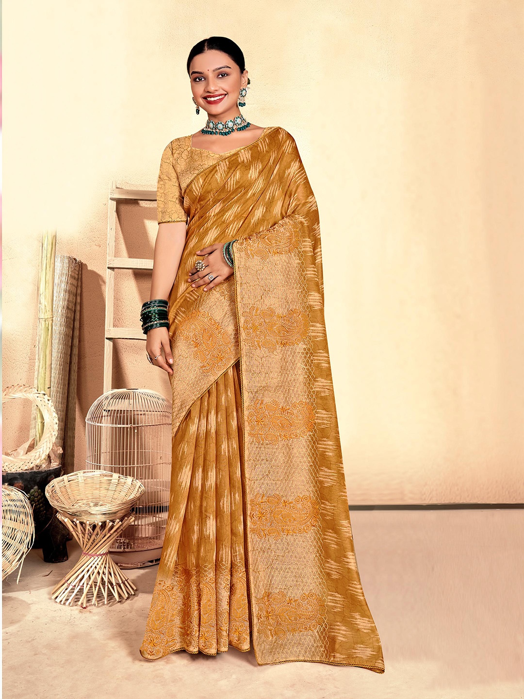 

ALAGINI Embroidered Chanderi Saree, Mustard