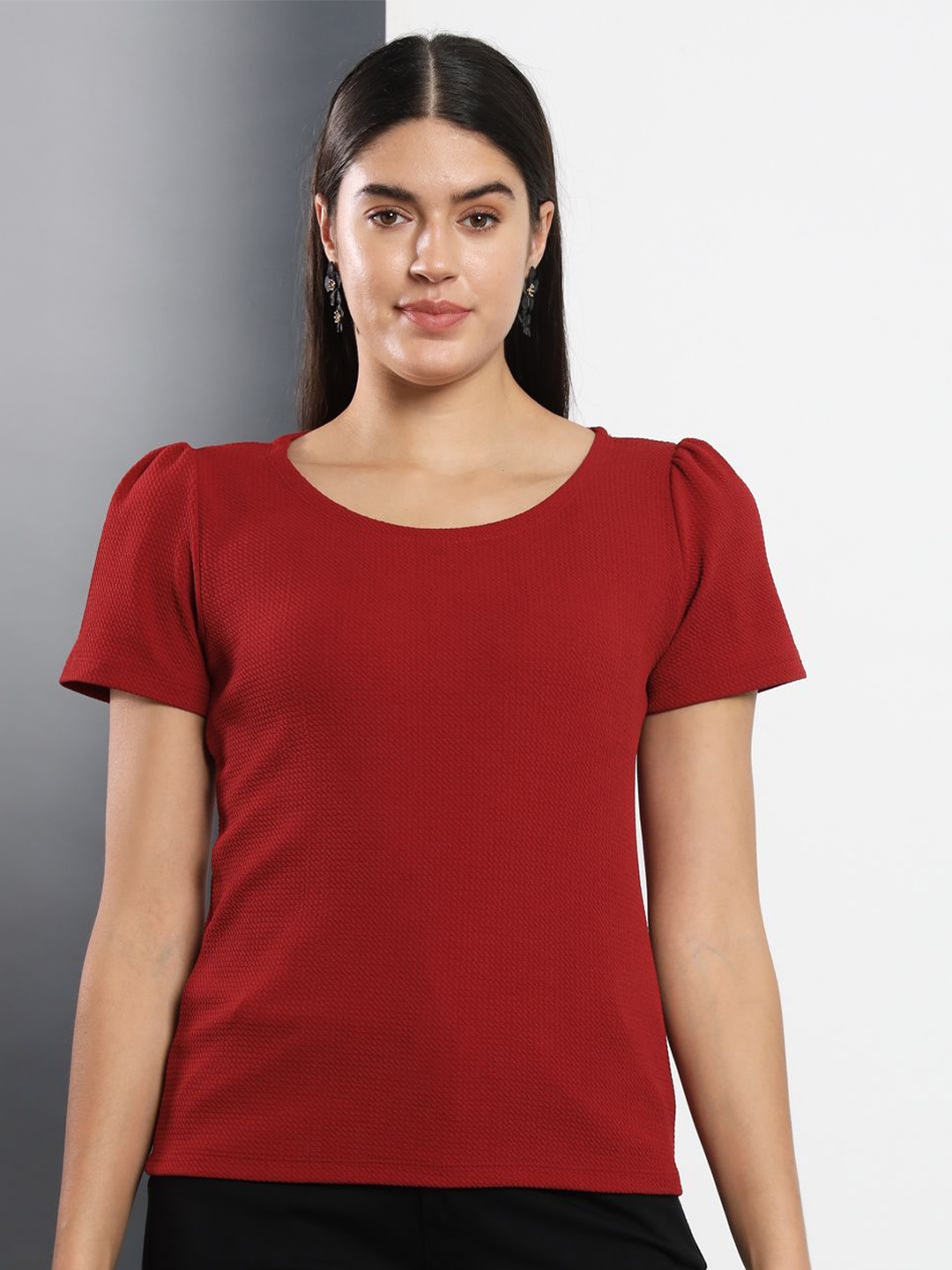 

Q-rious Round Neck Puff Sleeves Cotton Top, Maroon