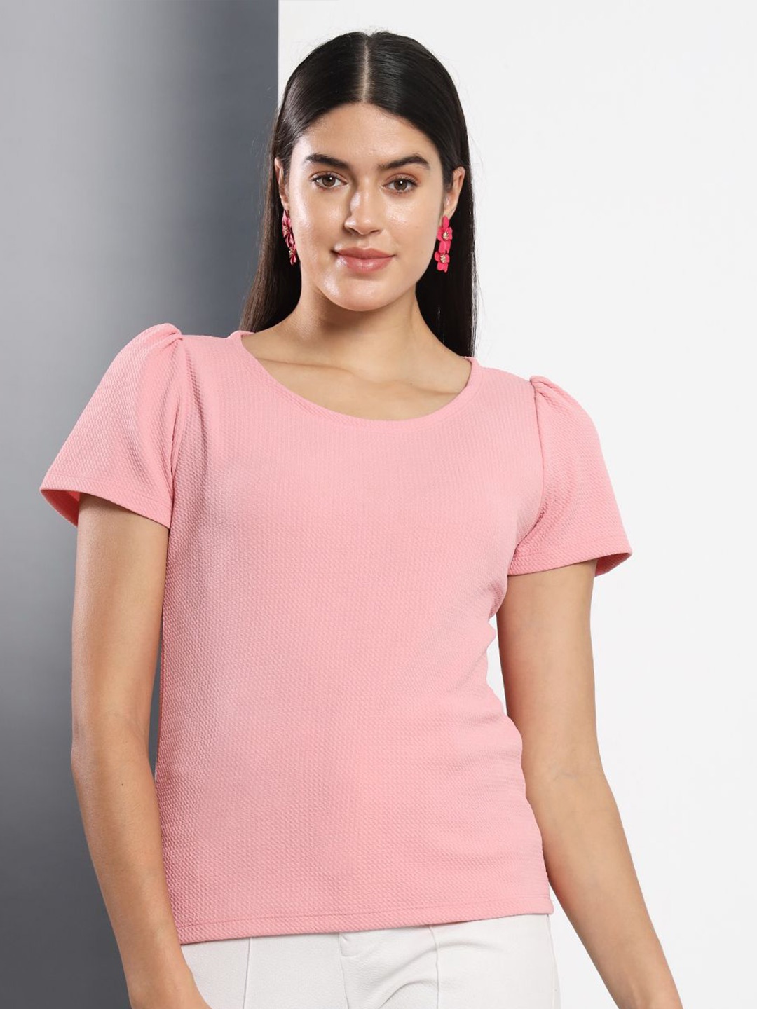 

Q-rious Round Neck Puff Sleeves Top, Pink