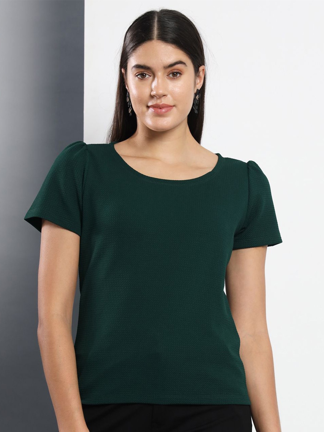 

Q-rious Round Neck Puff Sleeves Cotton Top, Teal