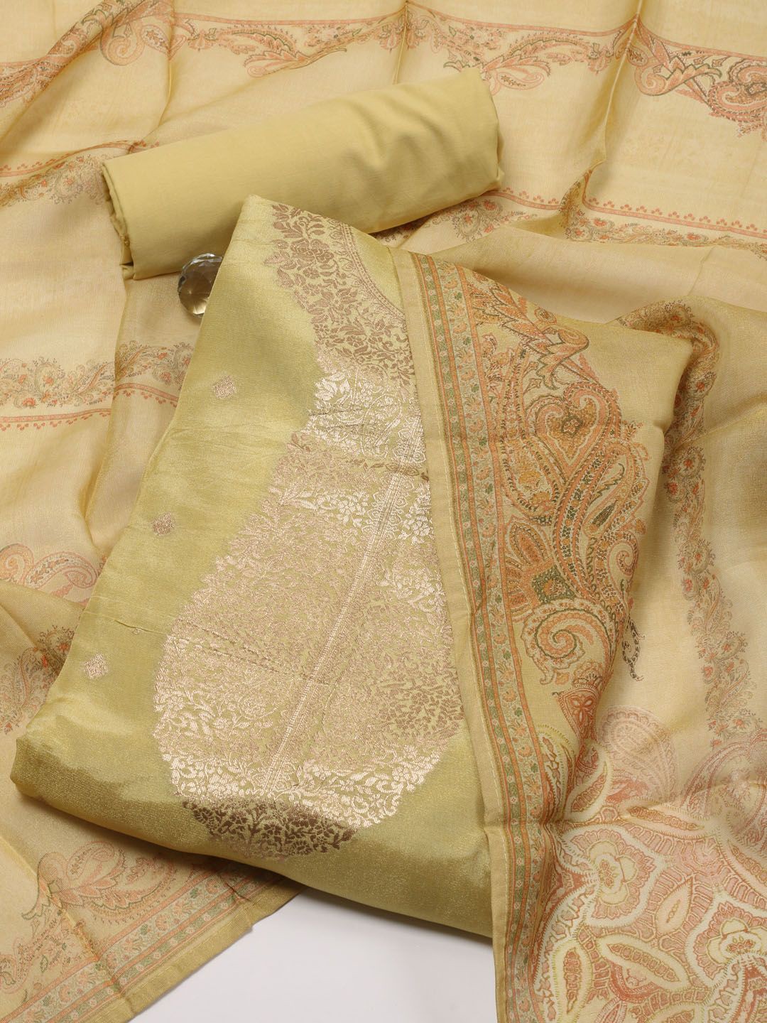 

Meena Bazaar Floral Woven Design Zari Tissue Unstitched Dress Material, Lime green
