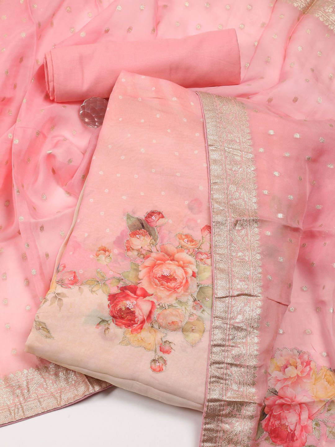 

Meena Bazaar Organza Unstitched Dress Material, Pink