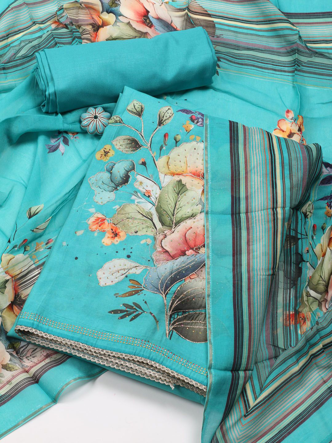 

Meena Bazaar Printed Art Silk Unstitched Dress Material, Blue