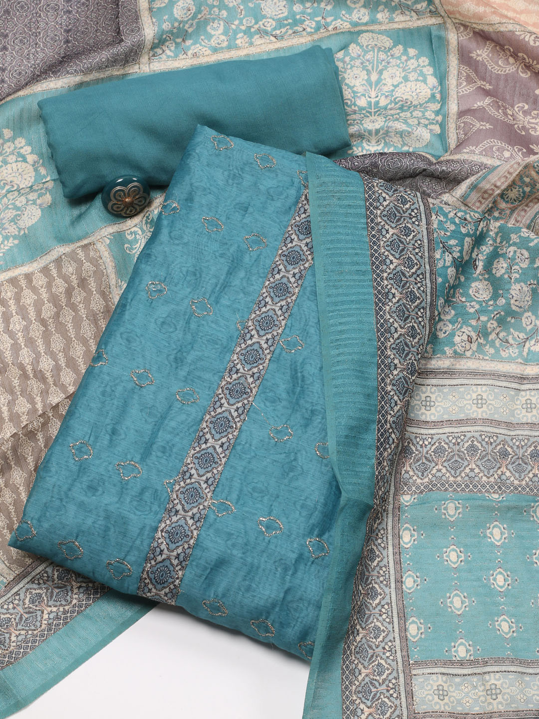 

Meena Bazaar Printed Art Silk Unstitched Dress Material, Blue