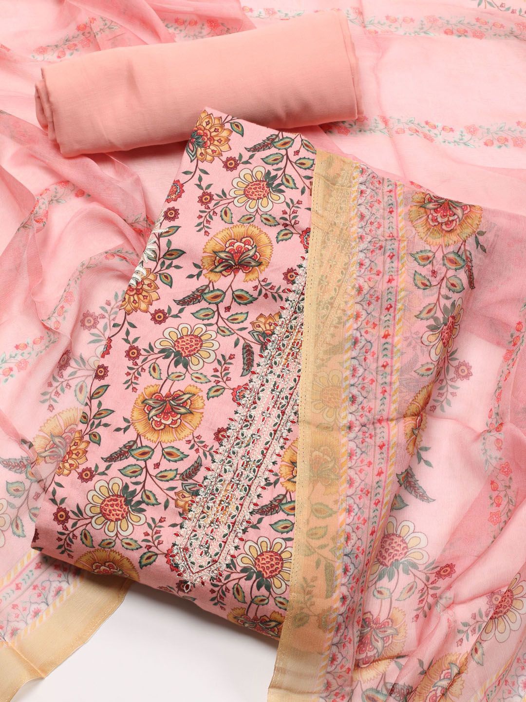 

Meena Bazaar Floral Printed Zari Unstitched Dress Material, Peach
