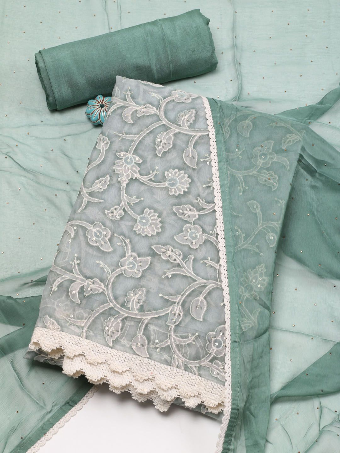 

Meena Bazaar Organza Unstitched Dress Material, Green