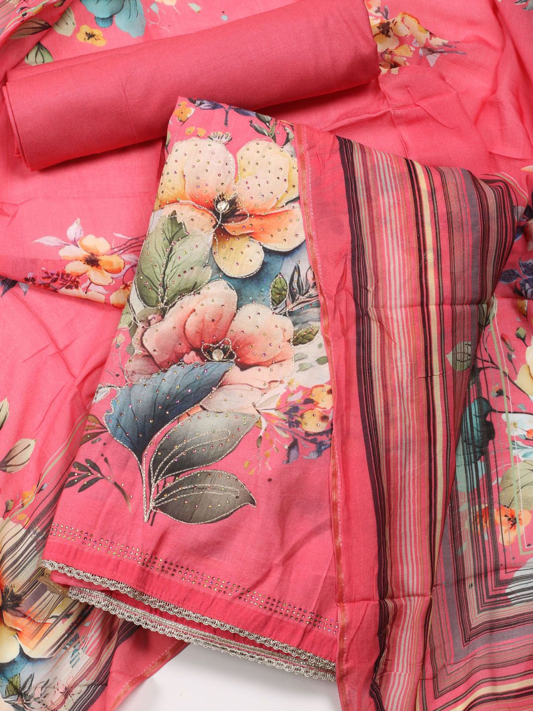 

Meena Bazaar Floral Printed Art Silk Unstitched Dress Material, Pink