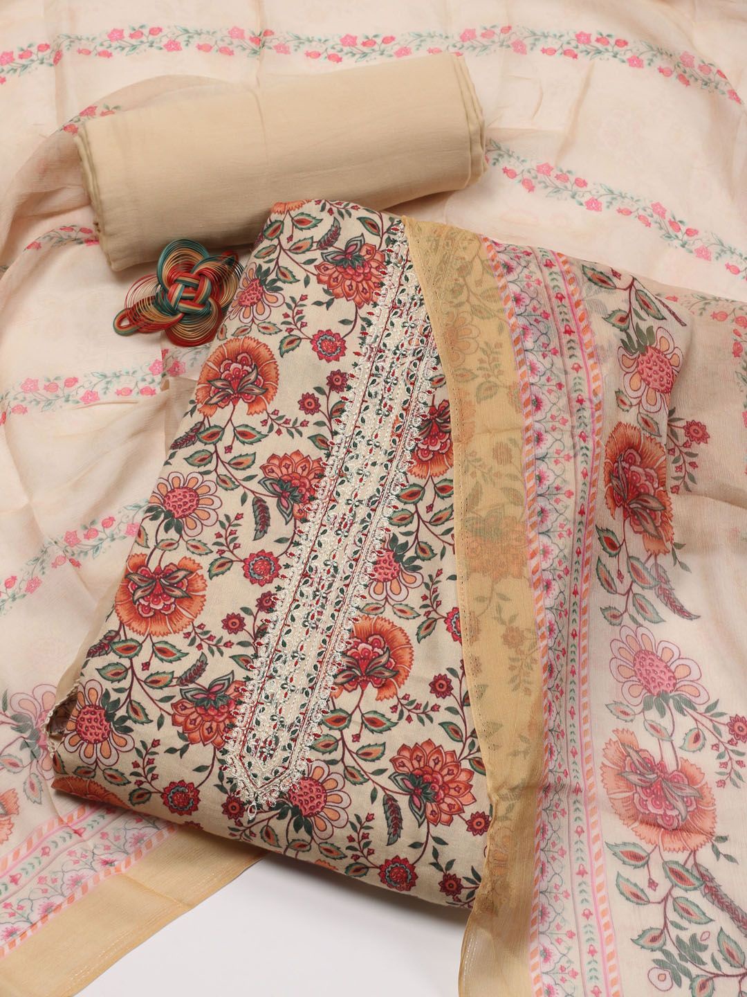 

Meena Bazaar Floral Printed Unstitched Dress Material, Beige