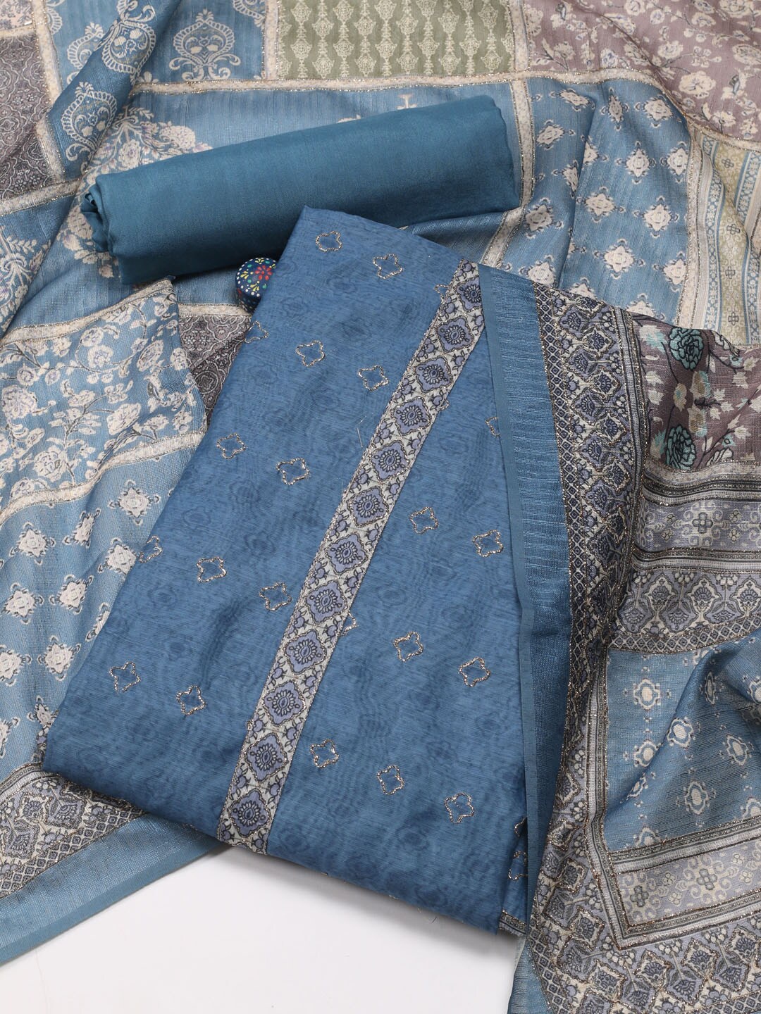 

Meena Bazaar Printed Art Silk Unstitched Dress Material, Blue