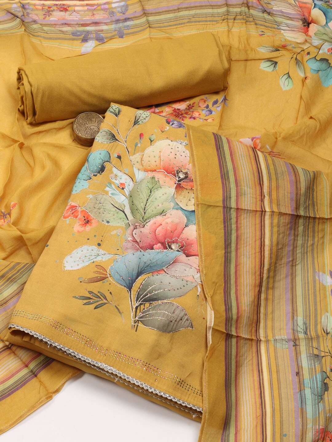 

Meena Bazaar Printed Unstitched Dress Material, Mustard