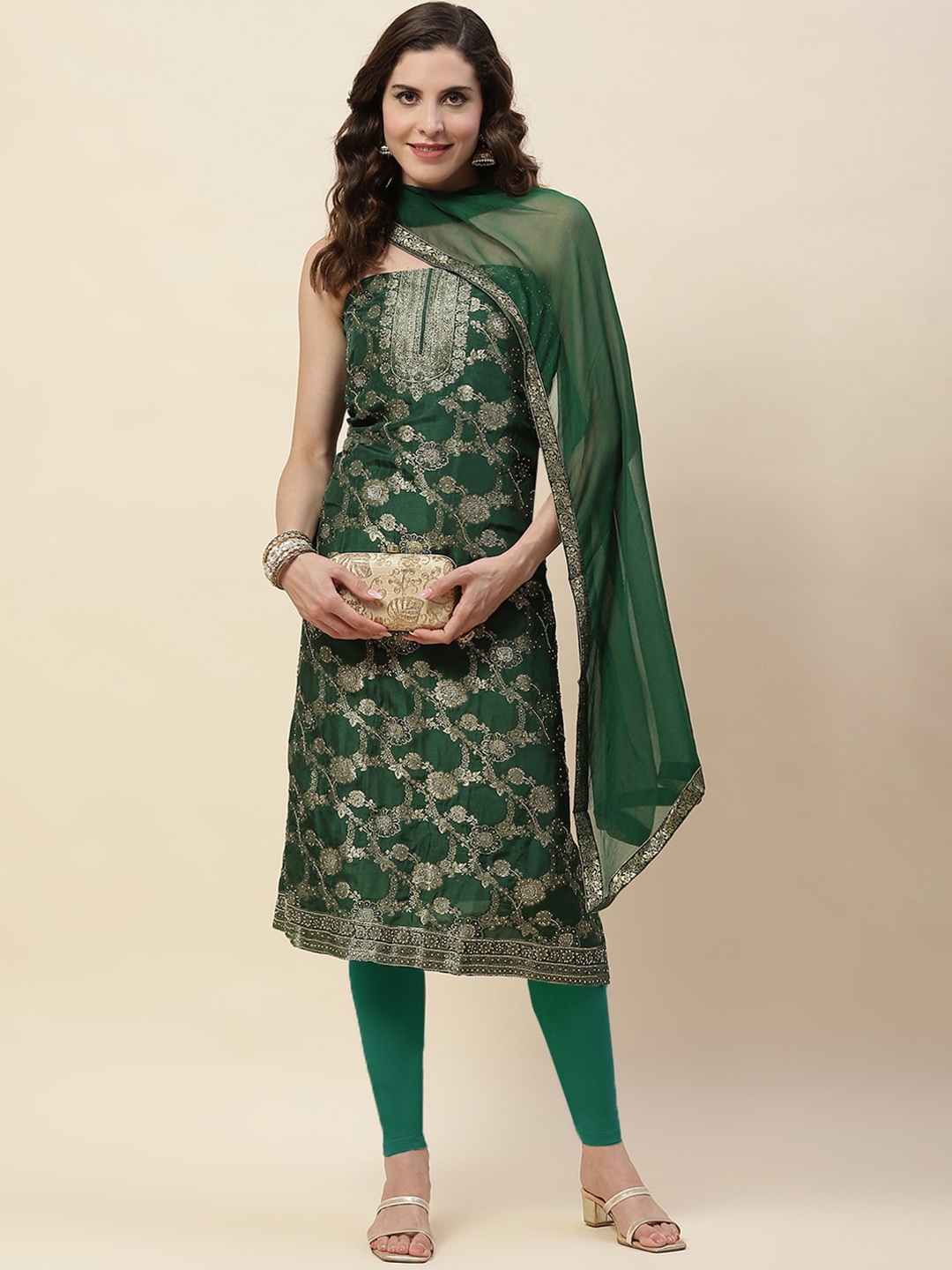 

Meena Bazaar Art Silk Unstitched Dress Material, Green
