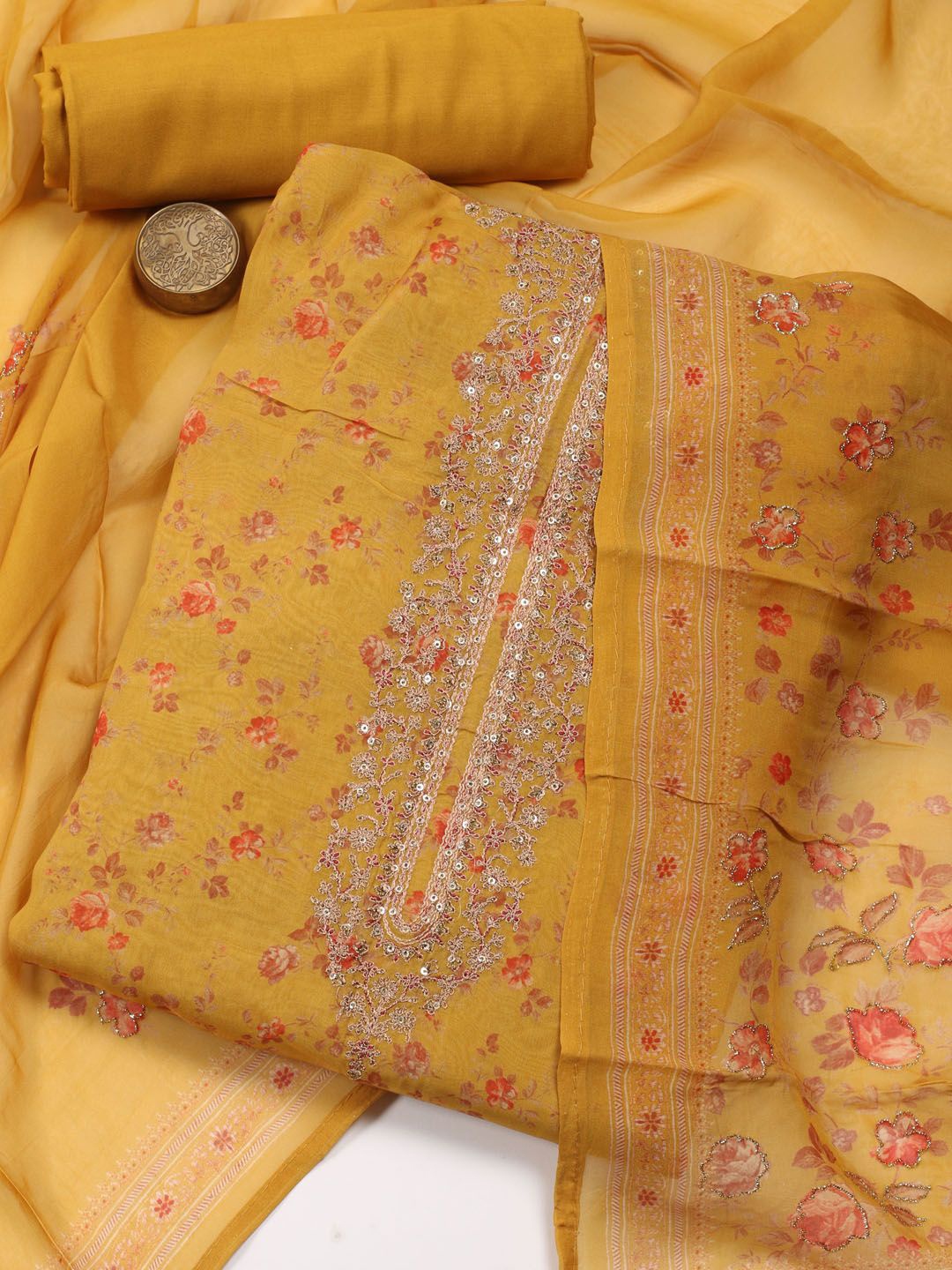 

Meena Bazaar Printed Organza Unstitched Dress Material, Mustard