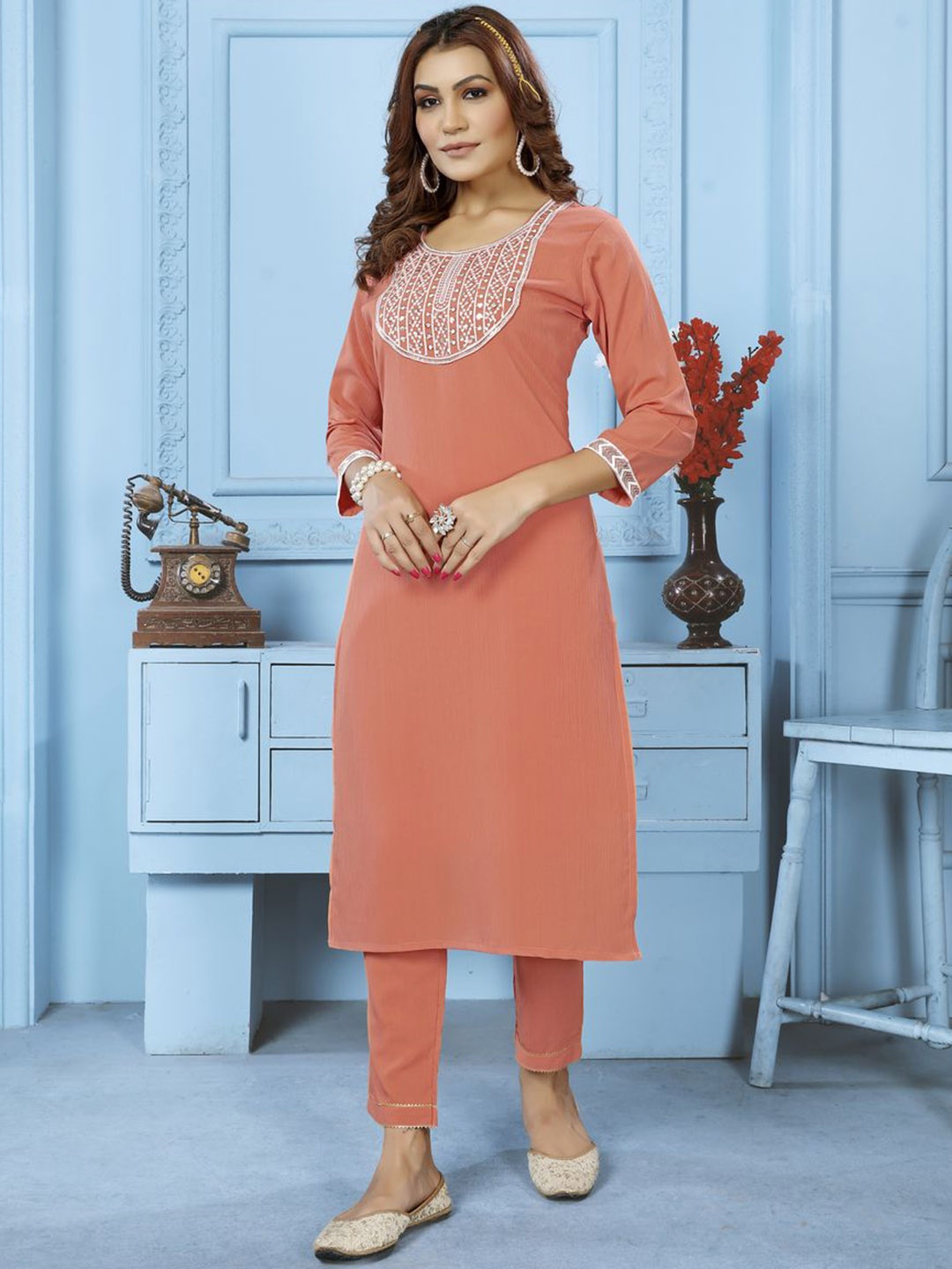 

Rujave Embroidered Straight Kurta & Trousers, Peach