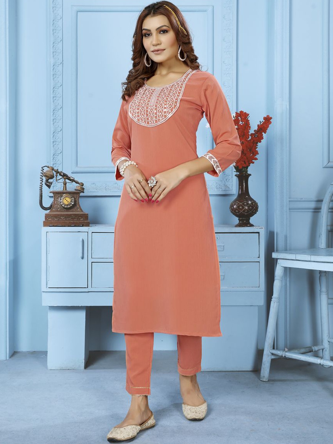 

Rujave Embroidered Straight Kurta Set, Peach