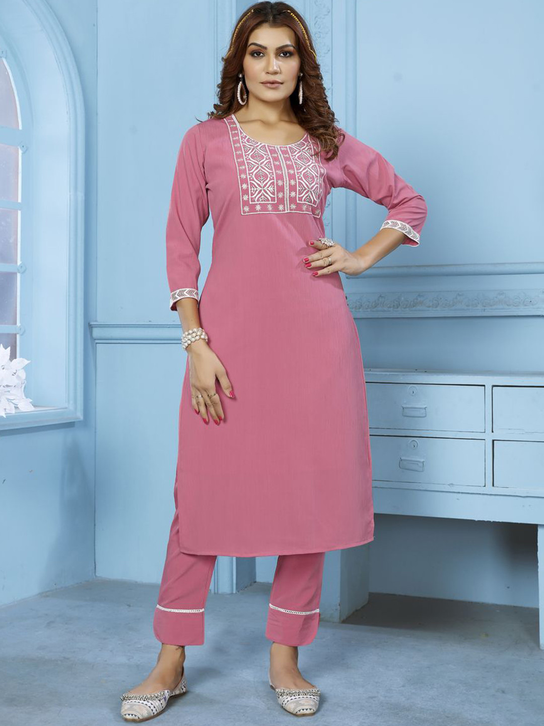 

Rujave Embroidered Straight Kurta & Trousers, Pink