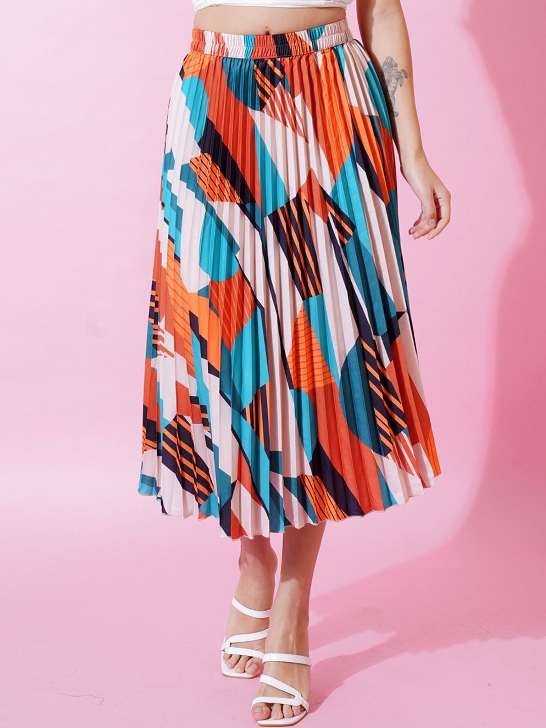 

OTABU Abstract Printed Pleated A-Line Midi Skirt, Orange