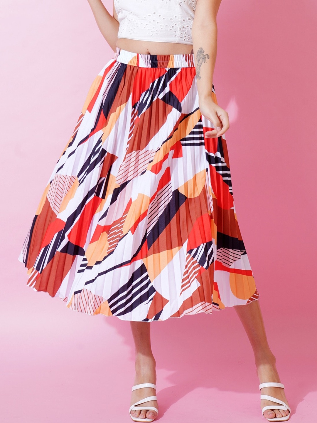 

OTABU Floral Printed Knee Length Flared A-Line Midi Skirt, White
