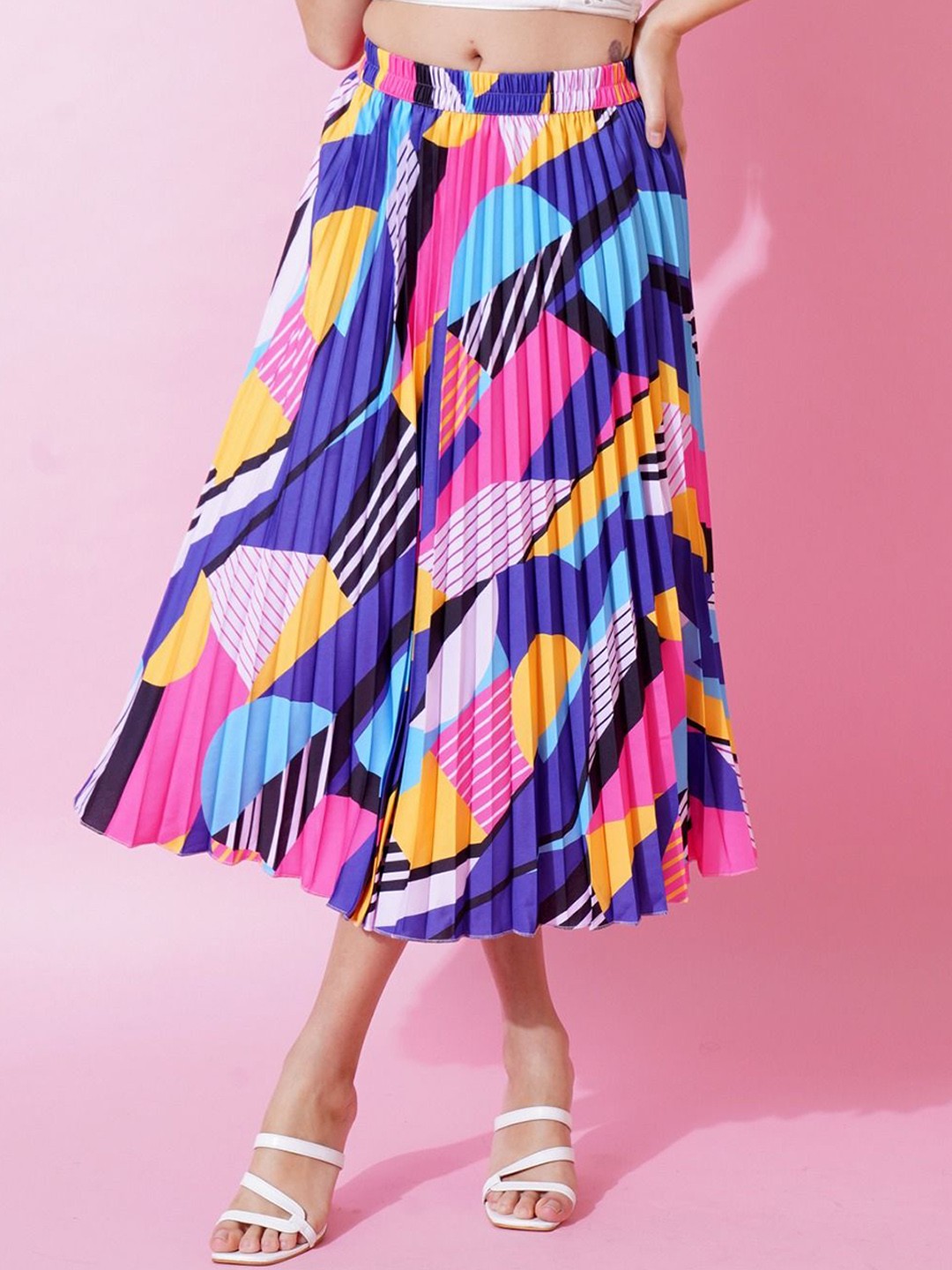 

OTABU Abstract Printed Knee Length Flared A-Line Midi Skirt, Blue