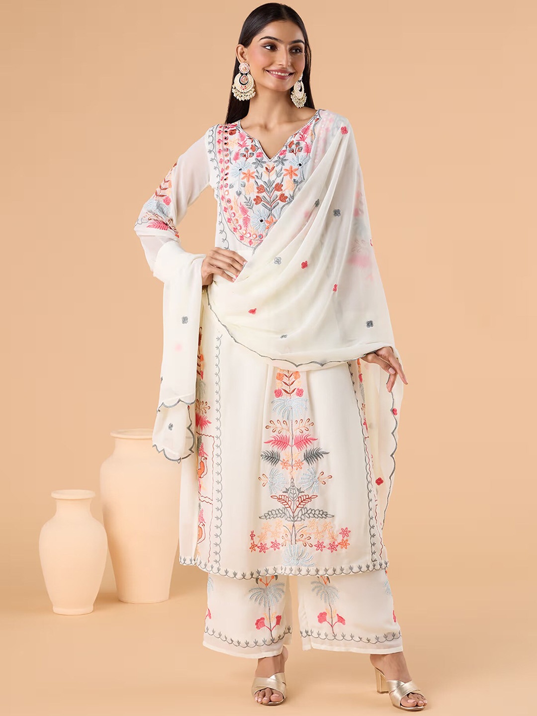 

KALINI Floral Embroidered Regular Thread Work A-line Kurta With Trousers & Dupatta, White