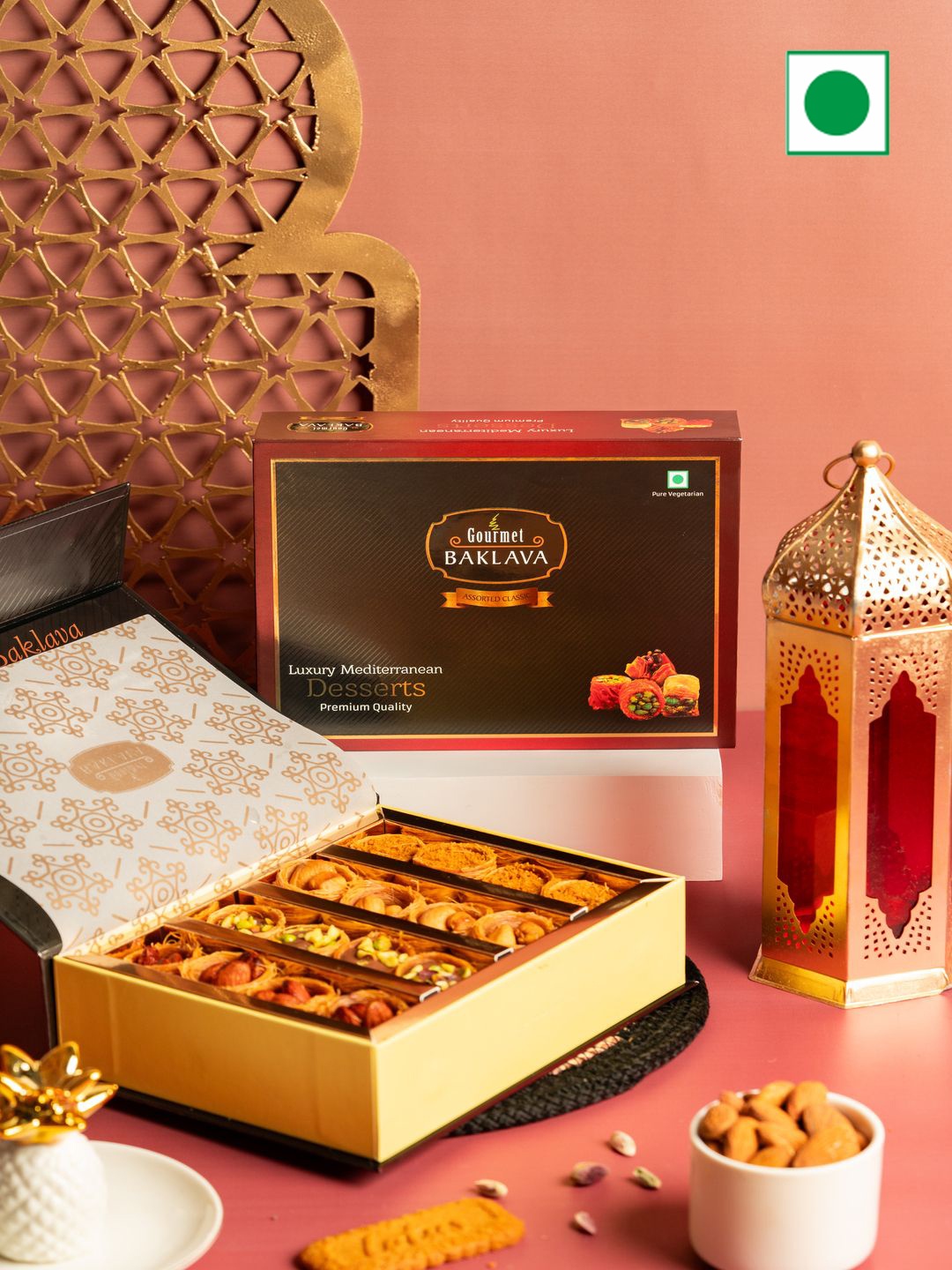 

GourmetBAKLAVA Assorted Classic Nest Baklava & Almond Maamoul Cookies Sweets Gift Box-700g, Brown