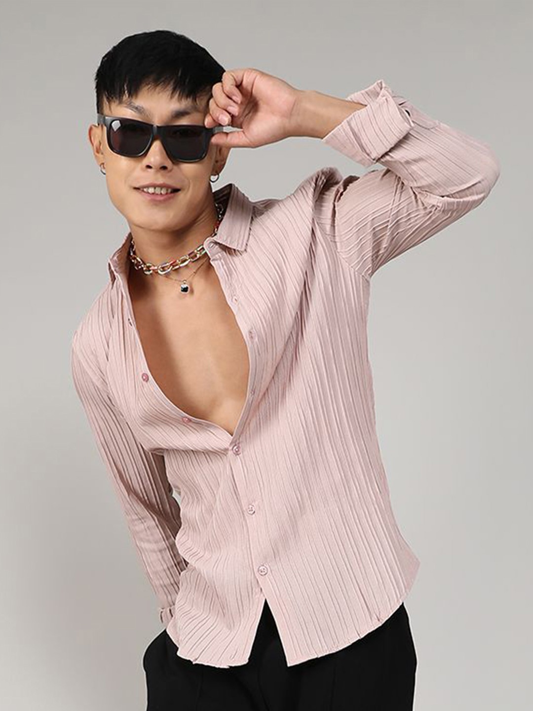 

Campus Sutra Comfort Self-Design Striped Shirt, Pink
