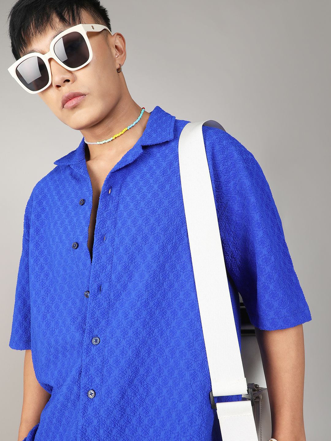 

Campus Sutra Comfort Oversized Self Design Textured Cuban Collar Embroidered Shirt, Blue