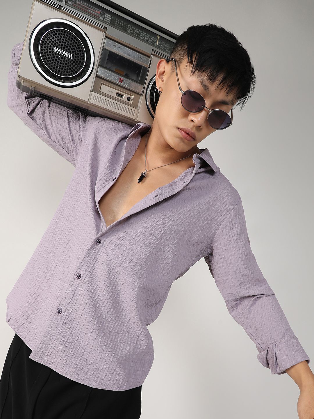 

Campus Sutra Comfort Relaxed Fit Self Design Textured Spread Collar Shirt, Purple