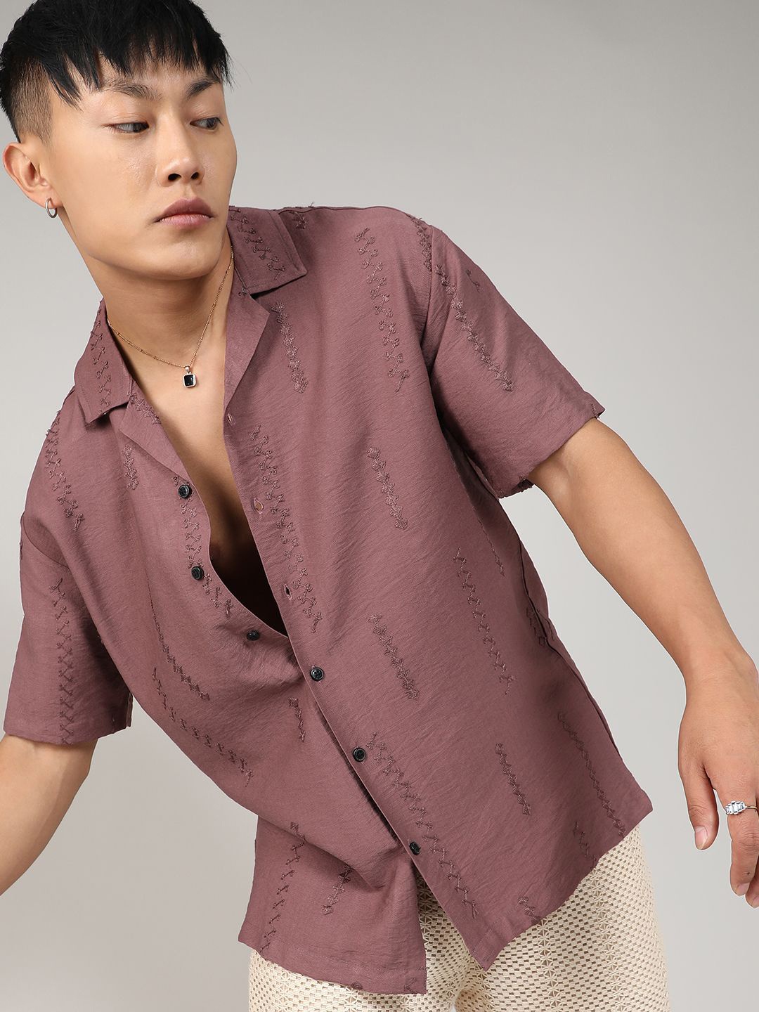 

Campus Sutra Brown Comfort Relaxed Fit Textured Embroidered Casual Shirt