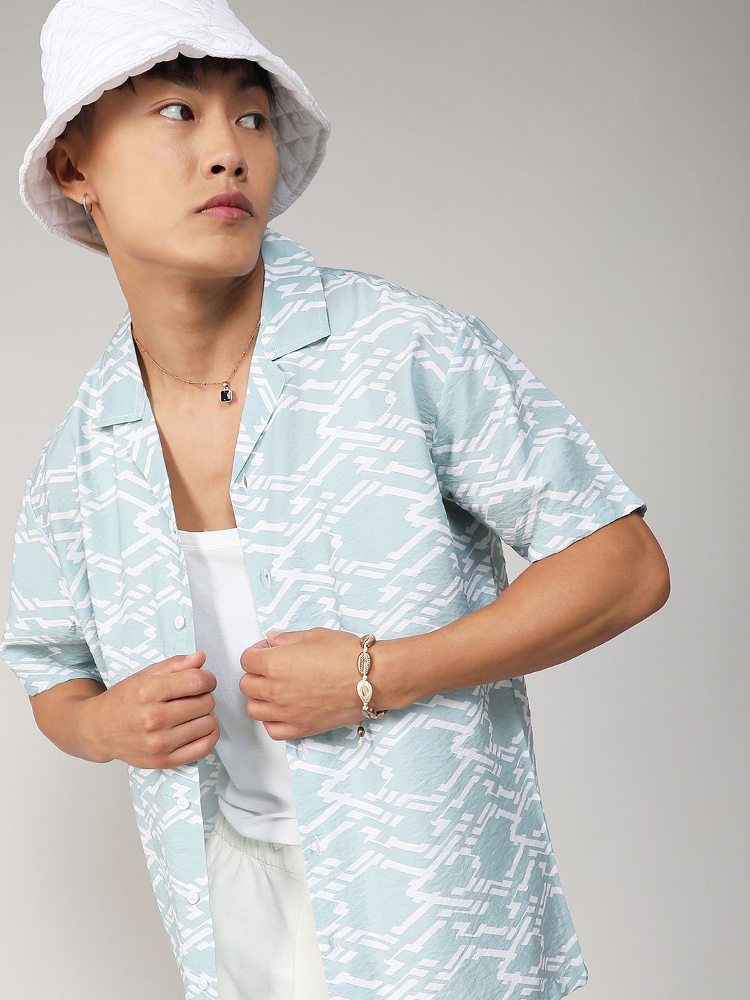 

Campus Sutra Comfort Relaxed Fit Abstract Printed Cuban Collar Cotton Shirt, Blue