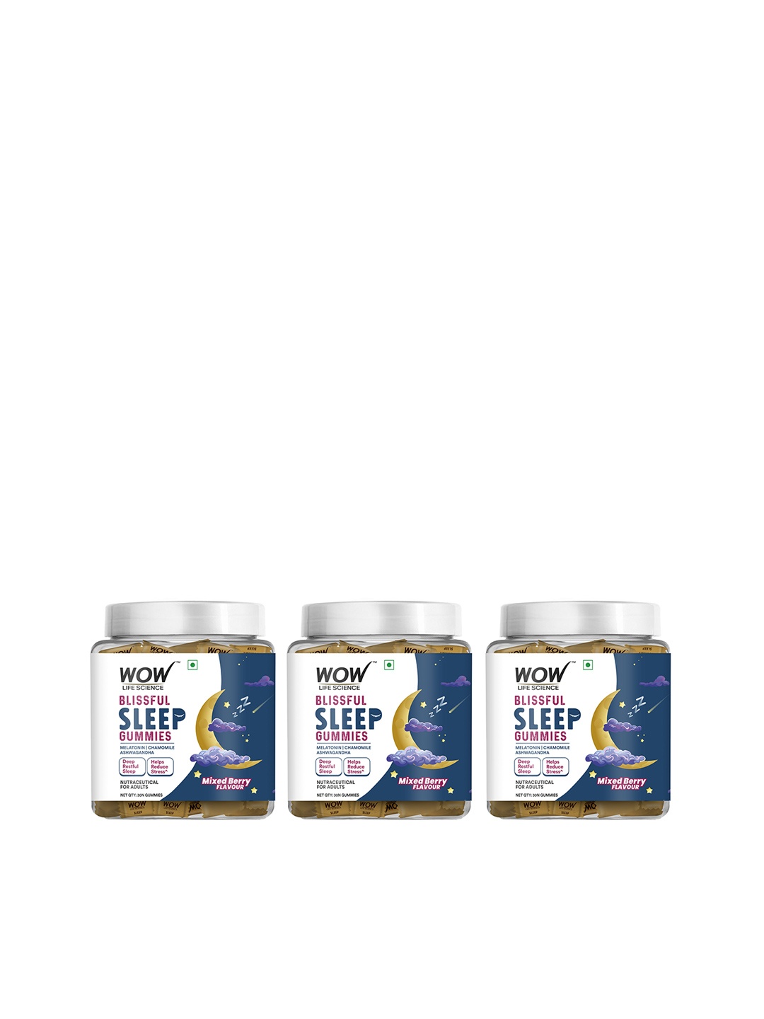 

WOW Life Science Set of 3 Blissful Sleep Gummies - Mixed Berry Flavour - 30 Gummies Each, Yellow