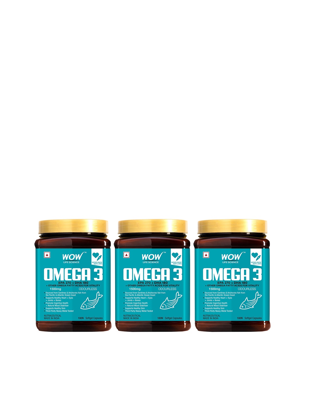

WOW Life Science Set of 3 Omega3 Odourless Capsules with Fish Oil - 180 Capsules Each, Blue