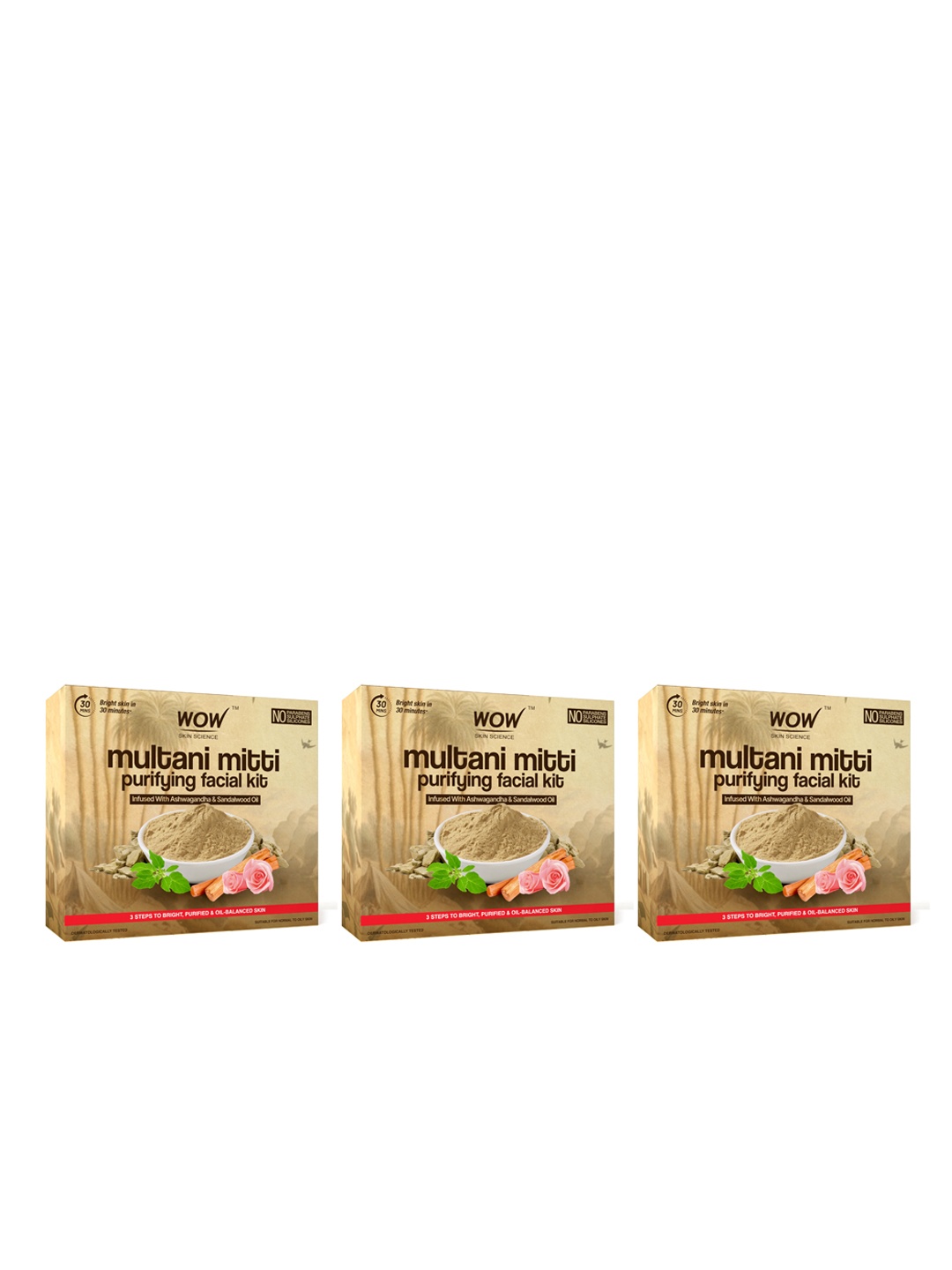 

WOW SKIN SCIENCE Set of 3 Multani Mitti Facial Kit with Rose Water - 250 ml each, Brown