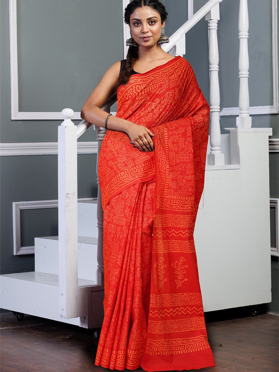 

Unnati Silks Ethnic Motifs Pure Cotton Handloom Block Print Saree, Red