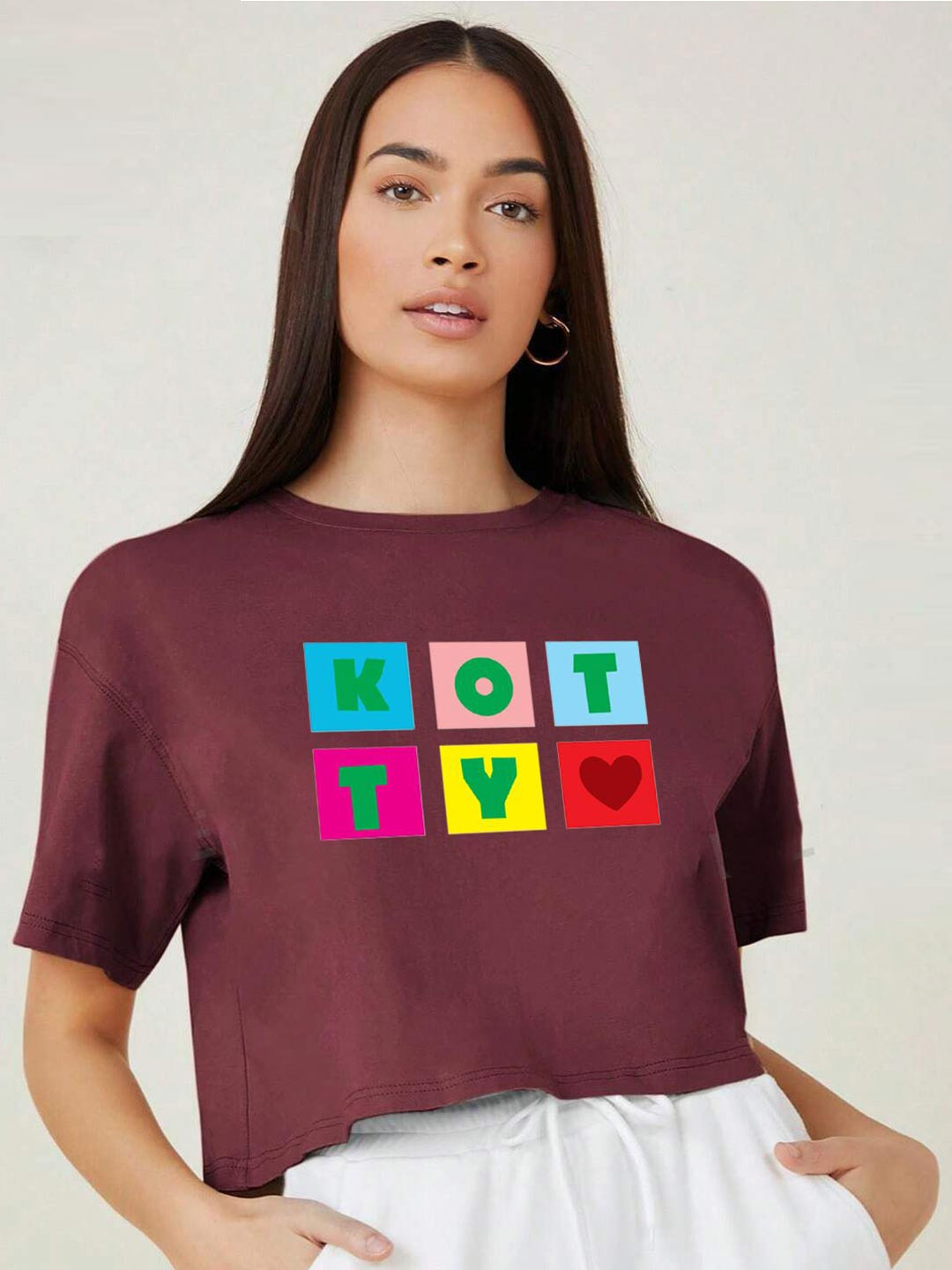 

Kotty Women Printed Crop T-shirt, Maroon
