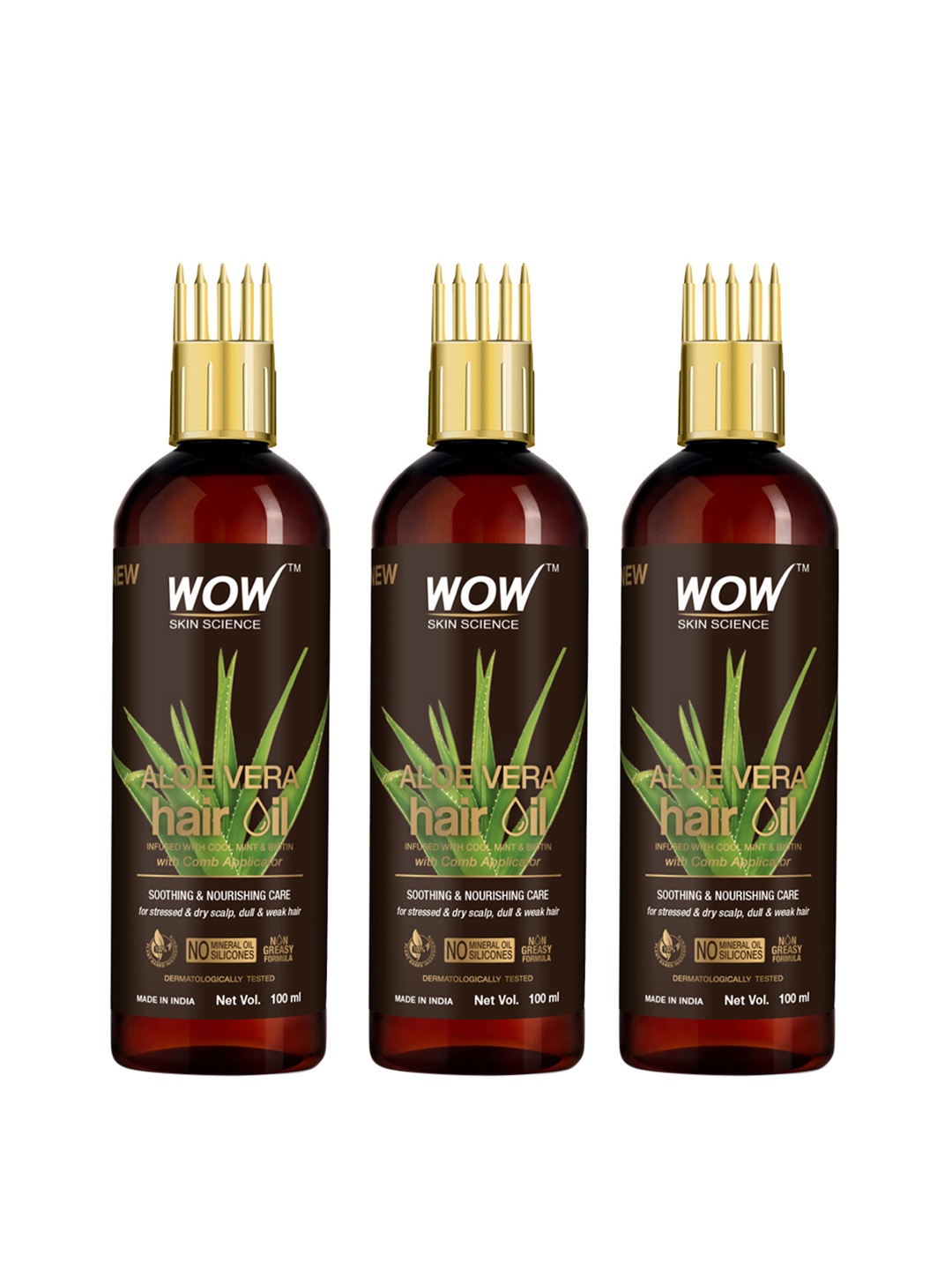 

WOW SKIN SCIENCE 3Pcs Aloe Vera Hair Oil with Cool Mint & Comb Application - 100ml each, Brown