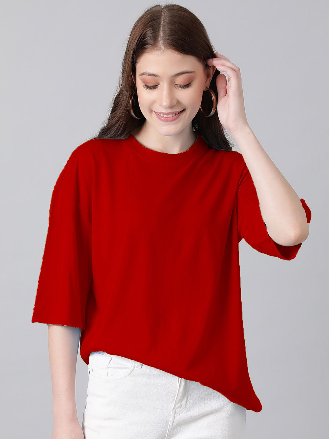 

Kotty Red Round Neck Oversized Cotton T-shirt