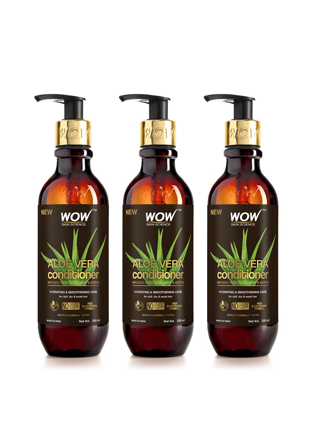 

WOW SKIN SCIENCE Set of 3 Aloe Vera Conditioner with Cool Mint & Biotin - 250ml each, Brown