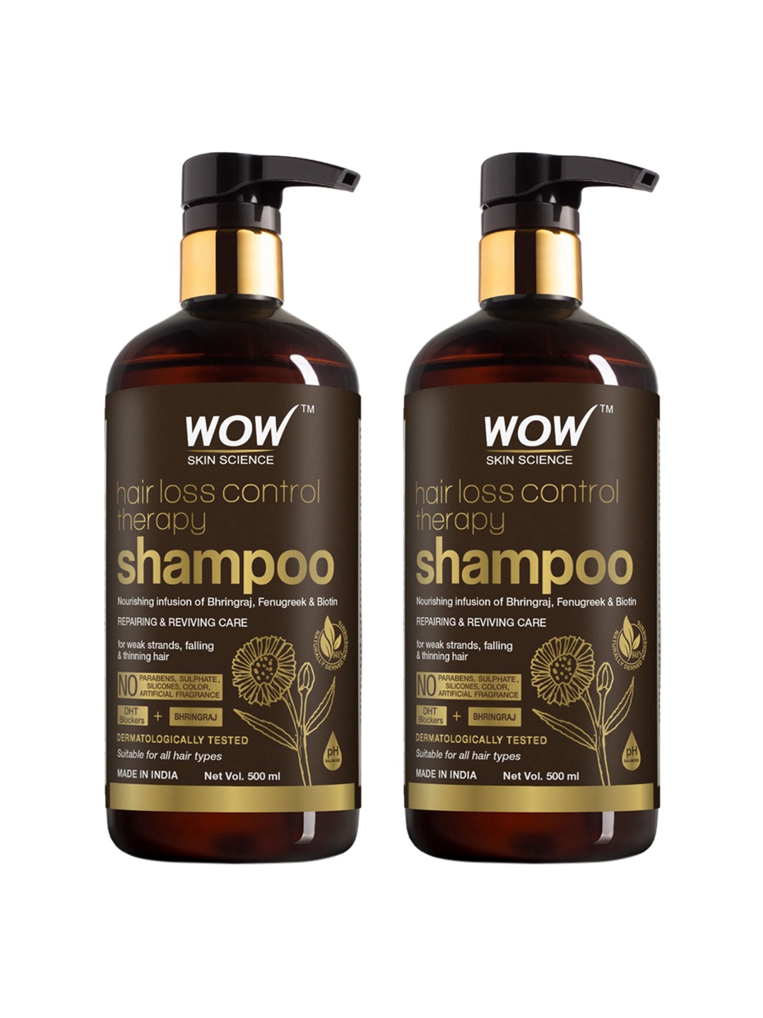 

WOW SKIN SCIENCE Set Of 2 Hair Loss Control Therapy Shampoo With Bhringraj - 500ml Each, Brown