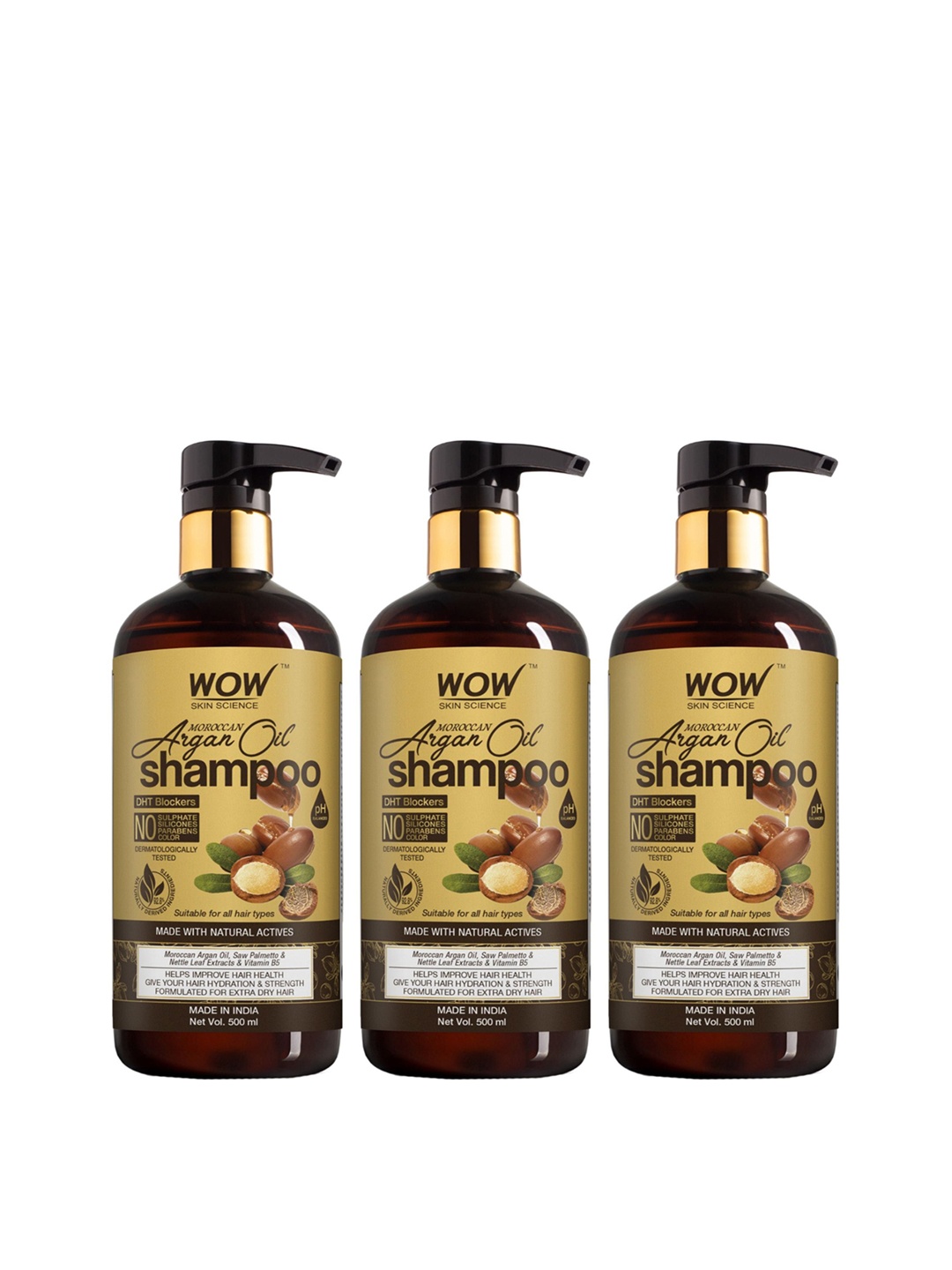 

WOW SKIN SCIENCE Set Of 3 Moroccan Argan Oil Shampoo With DHT Blocker - 500ml Each, Brown