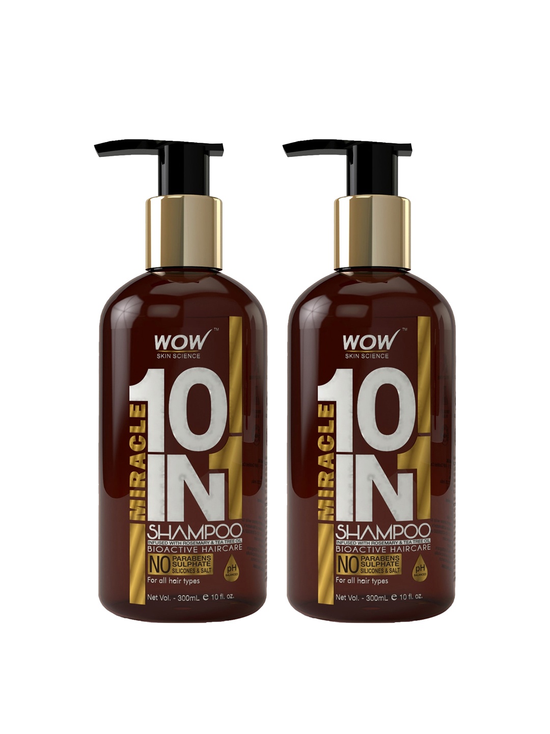 

WOW SKIN SCIENCE Set Of 2 Miracle 10In1 Shampoo With Rosemary & Tea Tree Oil - 300ml Each, Brown