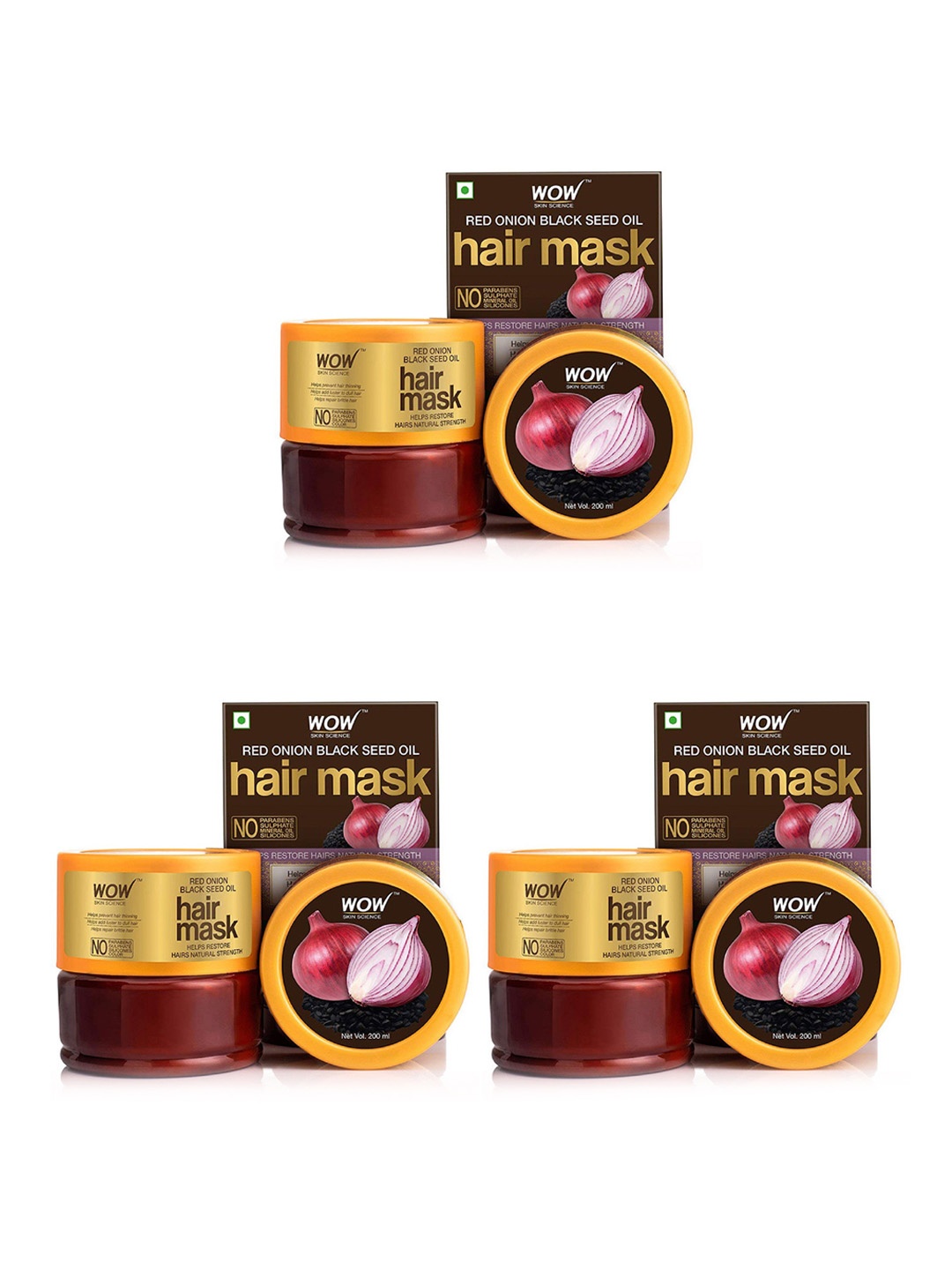 

WOW SKIN SCIENCE Set Of 3 Red Onion Black Seed Oil Hair Mask - 200ml Each, Maroon