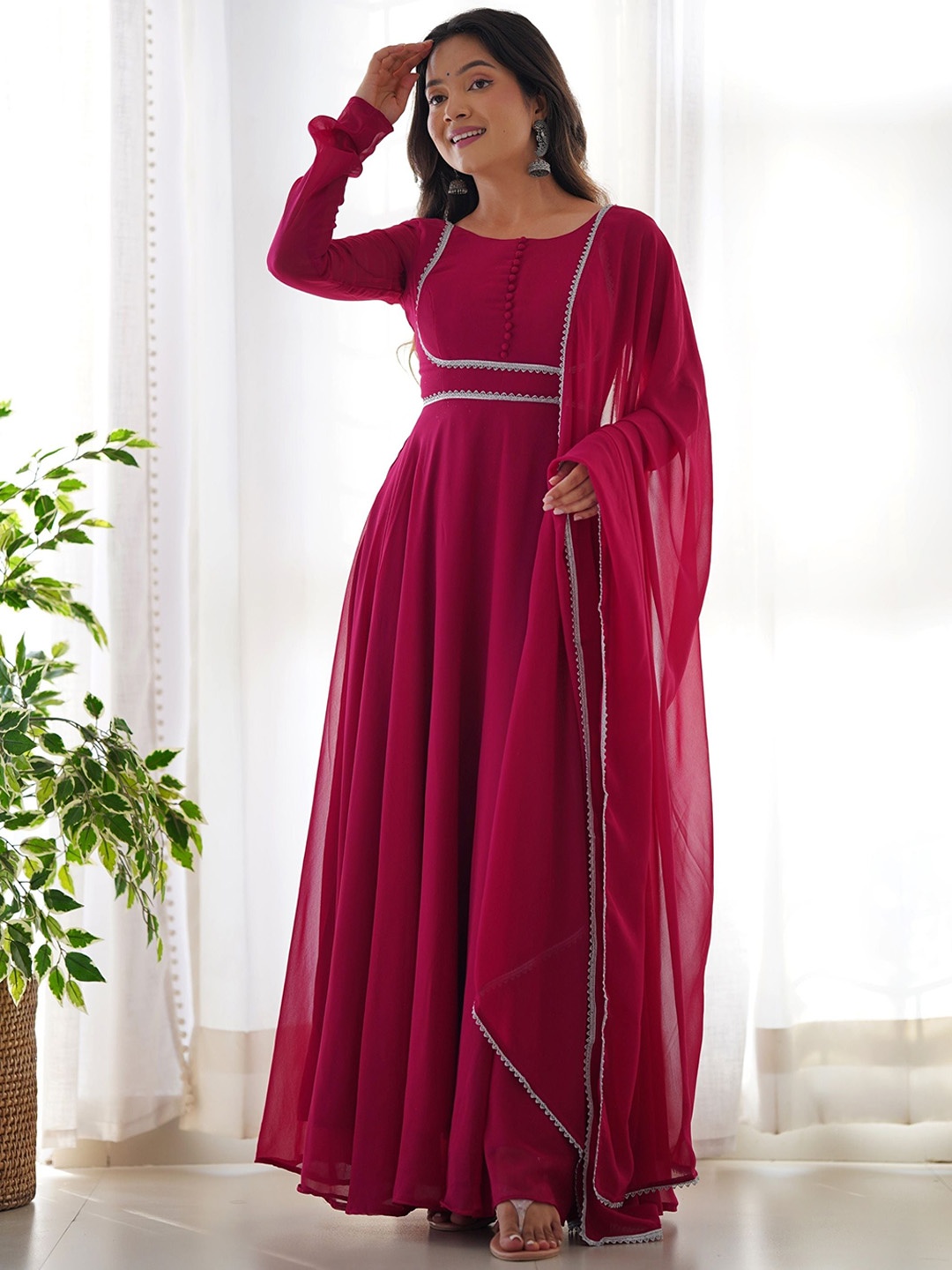 

KALINI Gotts Patti Detail Empire Anarkali Kurta With Trousers & Dupatta, Pink